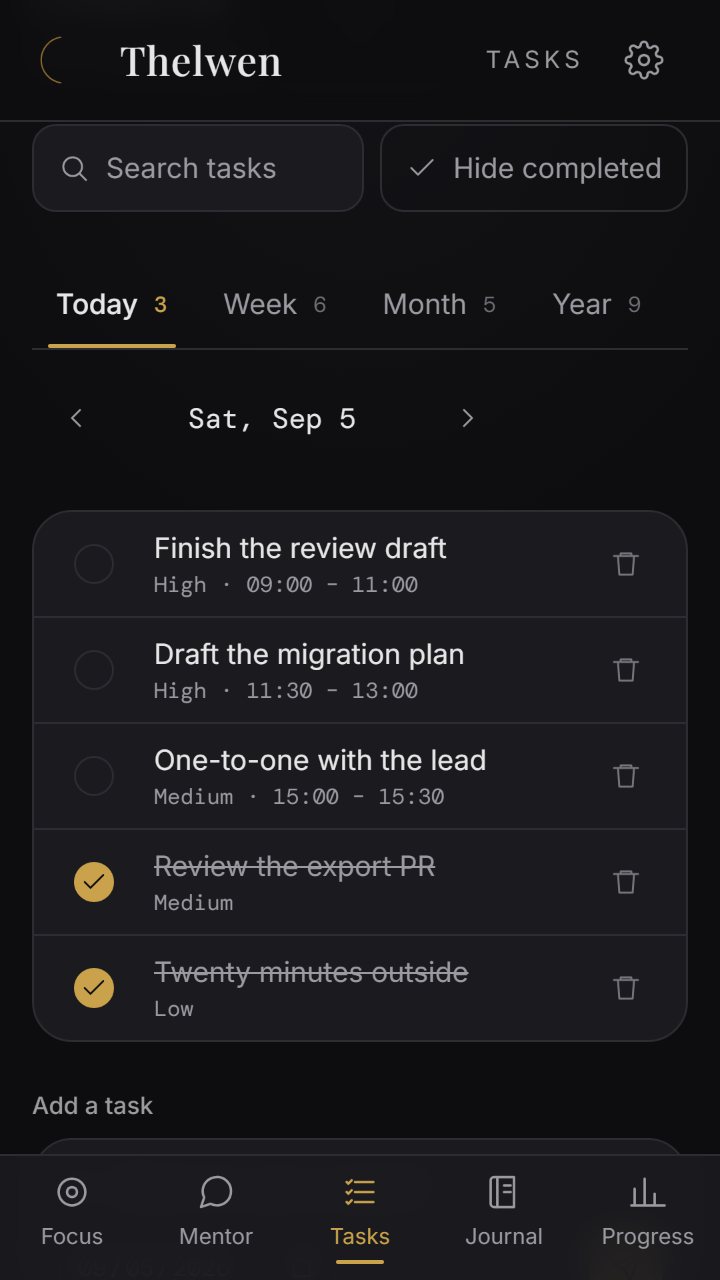 Thelwen's Tasks screen: today's tasks with their priority and time block.
